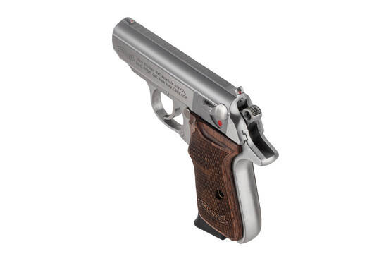 Walther PPK/S .380 ACP stainless steel Pistol with wooden grips features a manual thumb safety